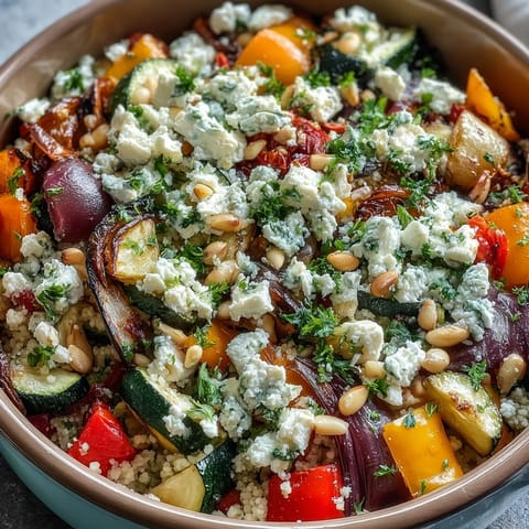 Golden-brown roasted vegetables and crumbled feta in the Roasted Veggie & Feta Couscous Bake, served warm.