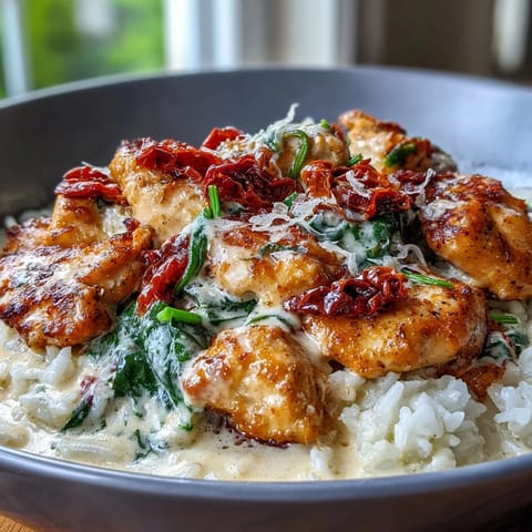 Golden-brown chicken pieces and fluffy rice in a creamy garlic-Parmesan Tuscan skillet, garnished with wilted spinach and sun-dried tomatoes served family-style.