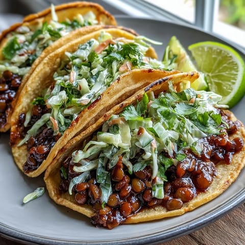 A close-up look at hearty Vegan BBQ Lentil Tacos, showing tender lentils and bright red cabbage slaw on a rustic wooden serving platter.