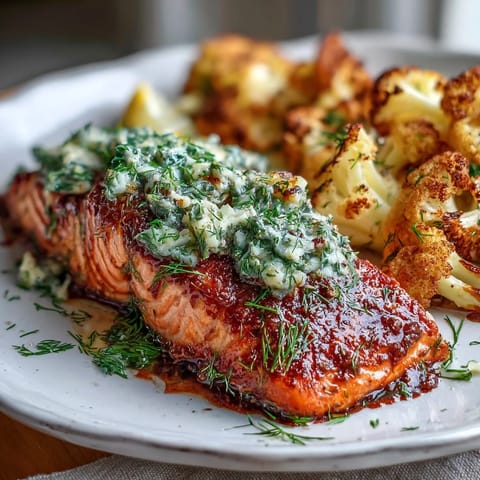 Keto Herb Butter Salmon with Roasted Cauliflower rests on a plate, with melted herb butter glistening over tender fillets and smoky veggies.