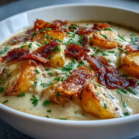 Creamy baked potato soup with crispy bacon, cheddar cheese, and fresh chives in a rich, velvety broth.  