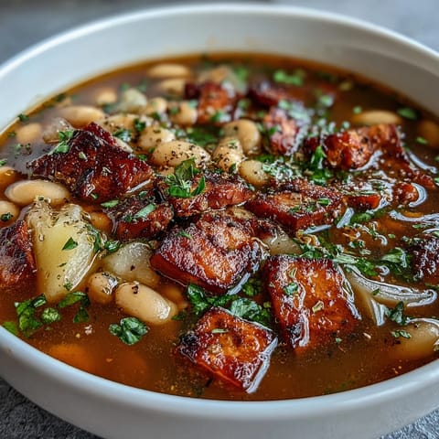 Chunky bean soup with smoked ham and potatoes, a rustic European dish perfect for warming up on cold winter days.  