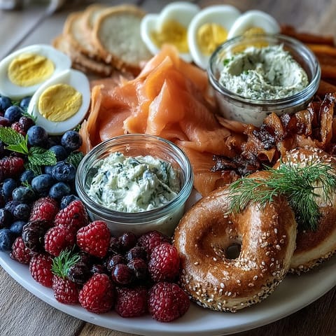 Artful Galentines brunch platter featuring smoked salmon, creamy cheeses, and colorful berries arranged for a festive celebration.  