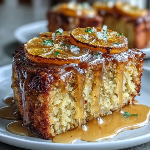 Moist olive oil cake topped with candied orange slices and drizzled with bright citrus glaze.