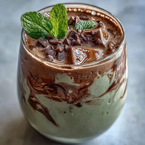 Rich and frosty mint chocolate protein shake featuring a frozen banana base, perfect for a quick, energizing breakfast or snack.  