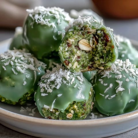 Matcha coconut energy balls with oats on a white plate, rolled in shredded coconut for extra texture and flavor.  