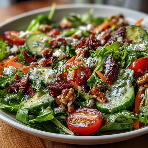 Vibrant spring greens salad drizzled with tangy honey mustard dressing and crunchy toasted walnuts.  