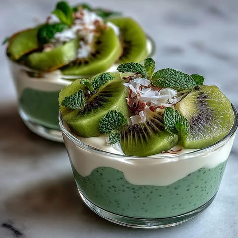 Refreshing vegan kiwi lime chia pudding with bright green layers, garnished with mint leaves and coconut for a healthy, tropical snack.
