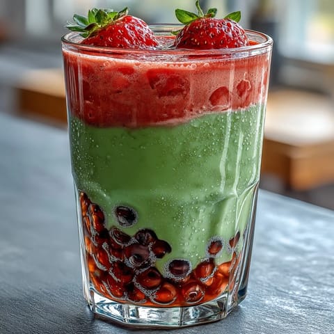 Vibrant layered strawberry matcha boba drink with chewy tapioca pearls, fresh berry purée, and creamy matcha milk in a clear glass.