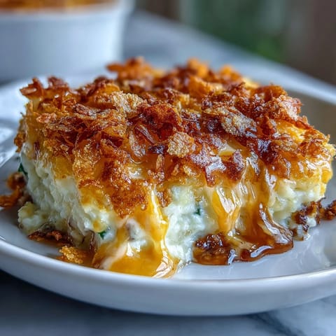 Creamy funeral potatoes shepherds pie mash-up with golden cornflake topping and cheesy mashed potato crust, perfect for hearty family dinners.  