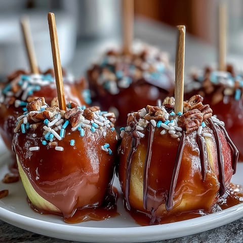 Gourmet caramel apple slices with chocolate drizzle, topped with chopped nuts for added crunch and flavor.  