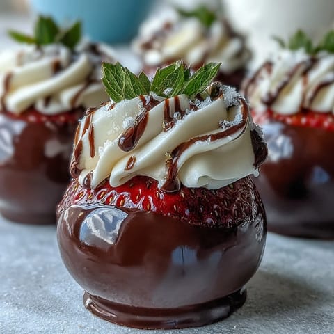 Rich dark chocolate shells encase fresh strawberries and creamy mascarpone filling, finished with edible gold leaf.  