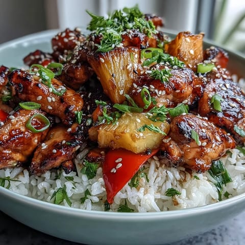 Vibrant rice bowls topped with tender teriyaki chicken, colorful bell peppers, snap peas, and fresh pineapple chunks.  