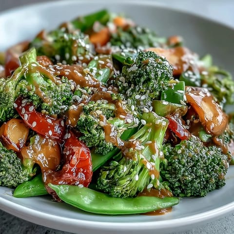 A colorful stir-fry packed with crisp vegetables and coated in creamy, protein-rich peanut sauce, served over fluffy jasmine rice.  