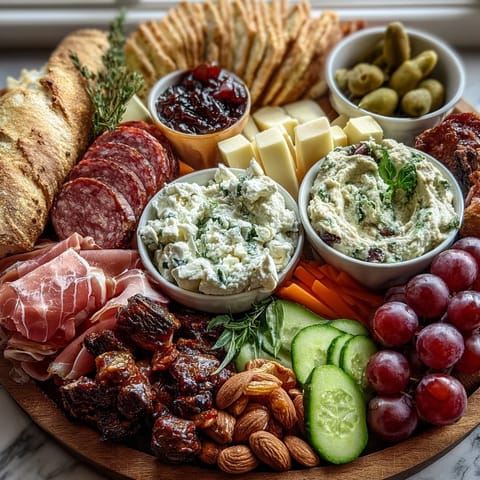 A beautifully arranged housewarming charcuterie board with cured meats, cheeses, fresh fruit, and two homemade dips for sharing.