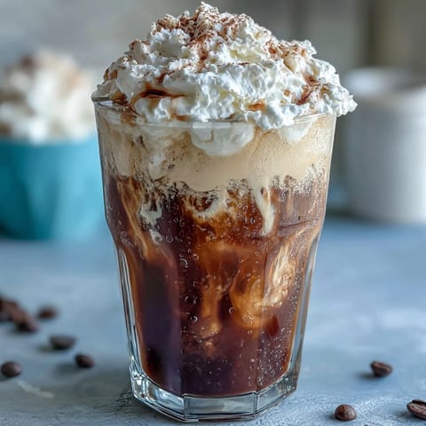 Iced Vanilla Bean Frappuccino with Coconut Whipped Cream in a clear glass, topped with fluffy whipped cream and a sprinkle of vanilla bean powder.