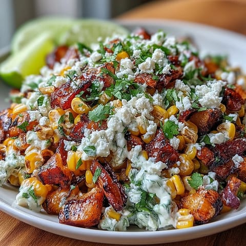 Creamy Mexican street corn salad with charred corn, Cotija cheese, and fresh cilantro in a tangy lime dressing.