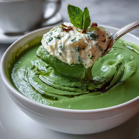 Vibrant spring pea soup topped with airy whipped ricotta and fragrant mint oil, garnished with fresh peas and mint leaves.