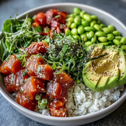 Salmon Poke Bowl: colorful marinated fish, creamy avocado, vibrant vegetables over rice.