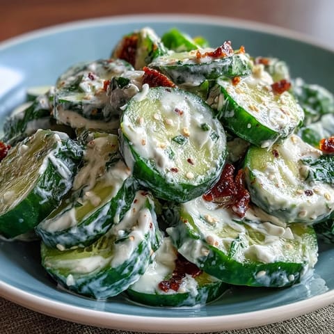 Refreshing viral cucumber salad with cream cheese dressing and savory everything bagel topping.
