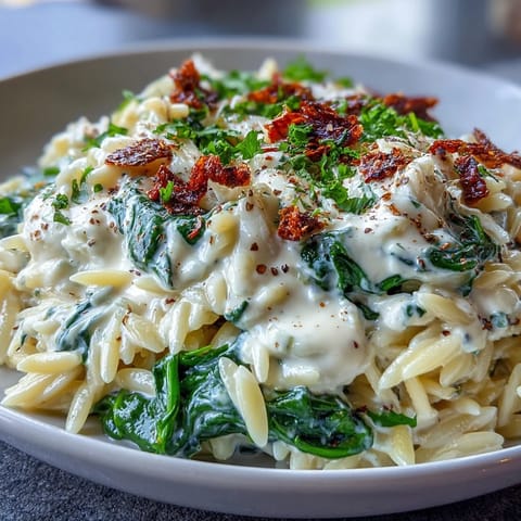 Close-up of Boursin Orzo with Spinach, showing melted cheese and wilted greens.