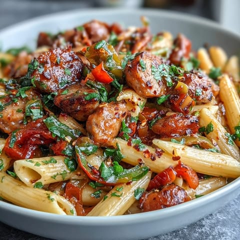 Spicy Sausage Pasta with Peppers loaded with tender peppers and rich Parmesan.