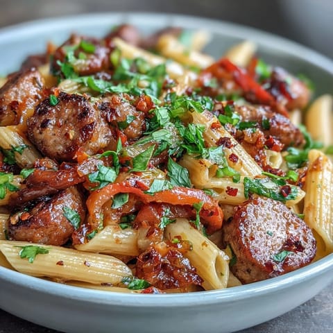 A vibrant plate of Spicy Sausage Pasta with Peppers, perfect for dinner.