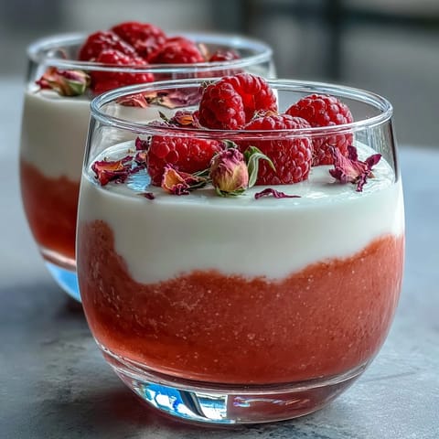 Delicate pink Raspberry Rose Jello Parfait dessert, topped with fresh berries.
