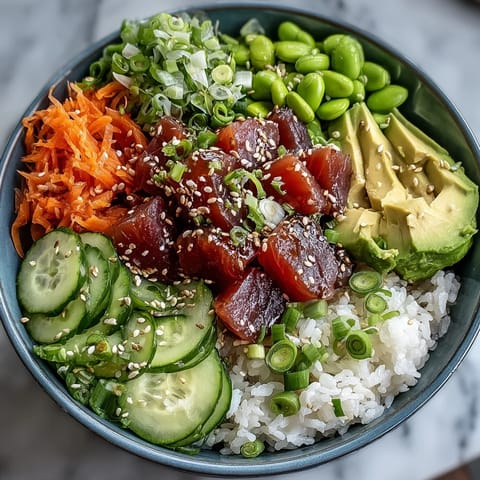 Flaky canned tuna poke bowl, a quick and colorful weeknight meal.