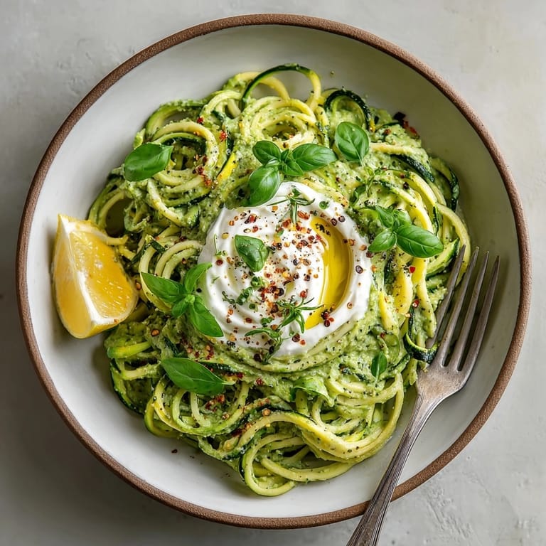 Freshly-made zucchini noodles topped with rich avocado basil cream sauce for a quick, easy meal.