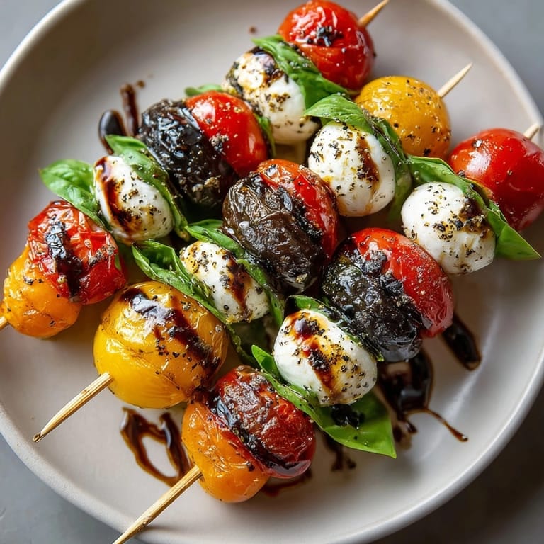 Fresh and colorful heirloom tomato, basil, and mozzarella skewers, ready to serve for a summer gathering.
