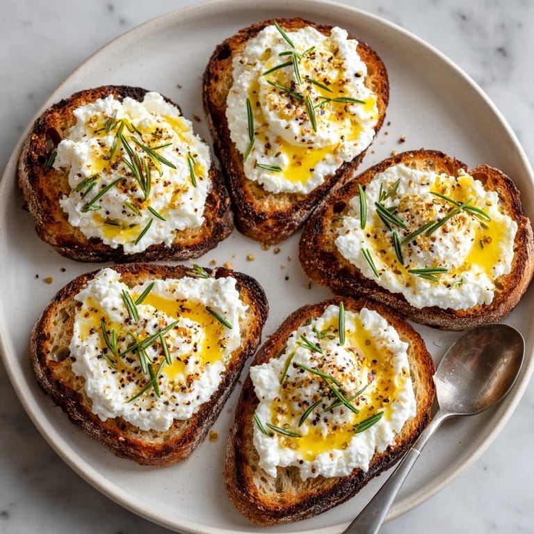 Close-up of savory toast with rosemary ricotta, featuring a honey drizzle and fresh herbs.