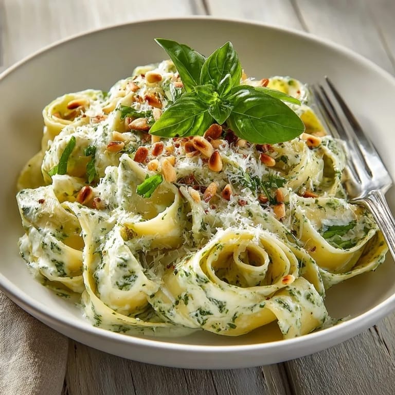 A close-up of pappardelle, coated in creamy basil sauce and generously topped with pine nuts.