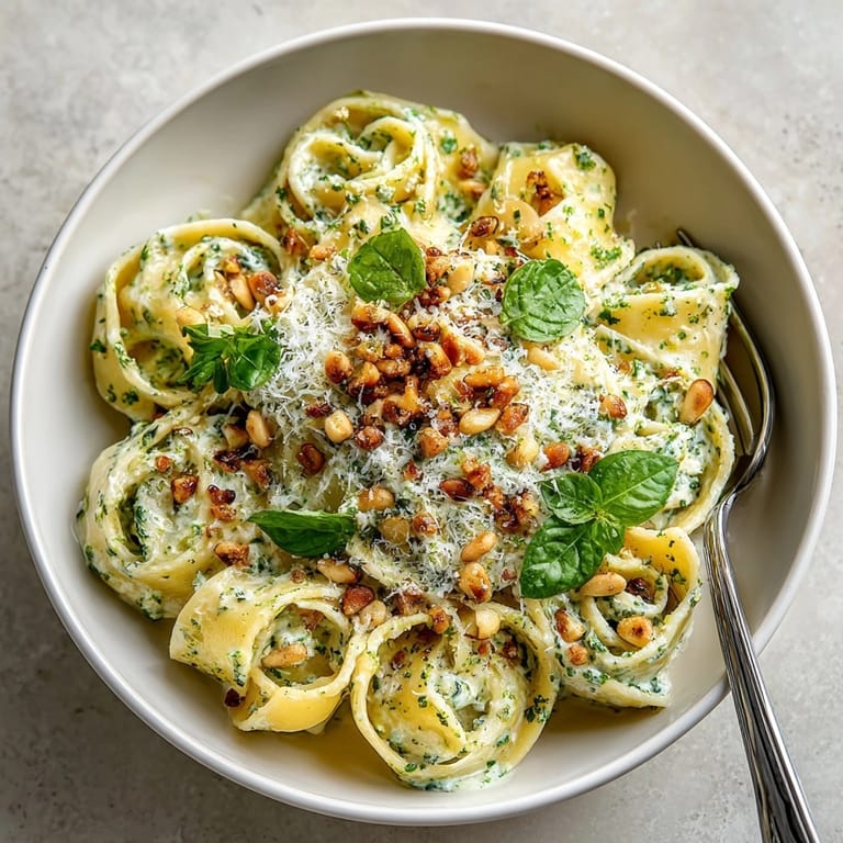 This image showcases pappardelle with basil cream sauce, ready for a delightful vegetarian dinner.