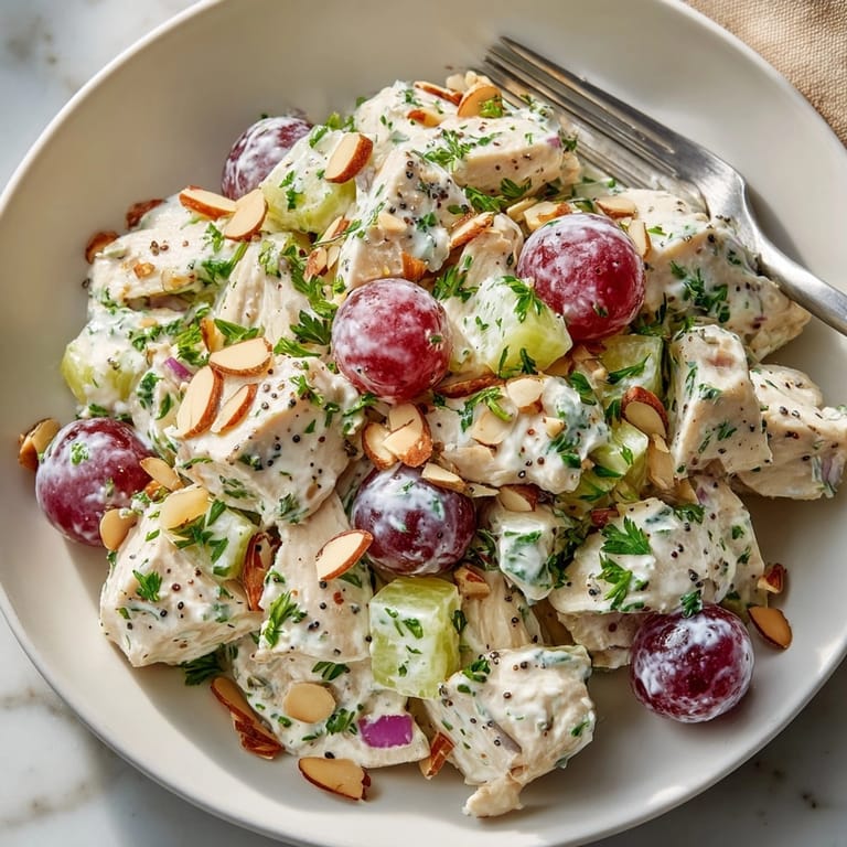 Close-up of fresh Greek yogurt chicken salad, showing the creamy texture and crisp vegetables.