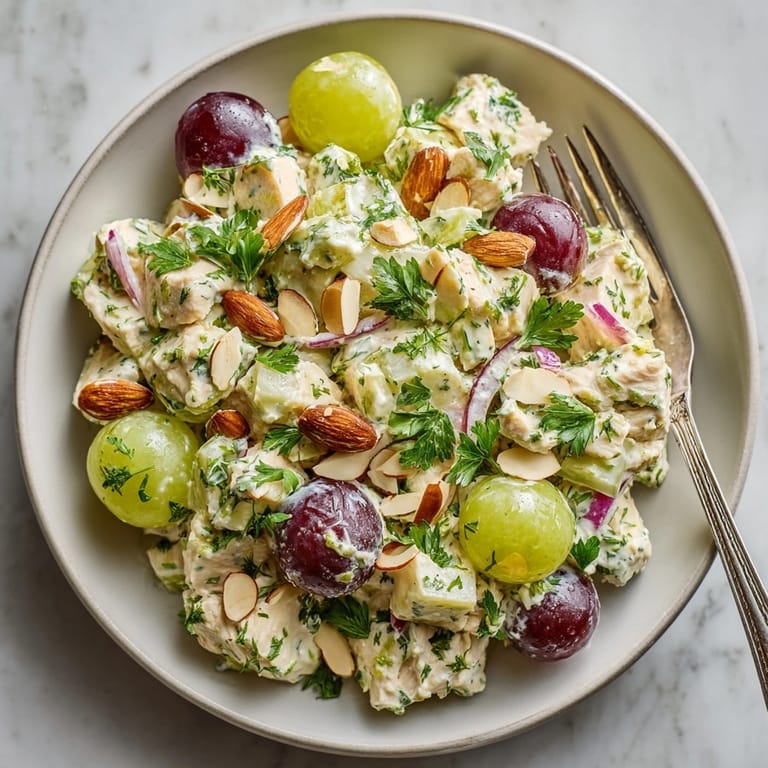 A vibrant bowl of Greek Yogurt Chicken Salad, ready to eat with a satisfying flavor.