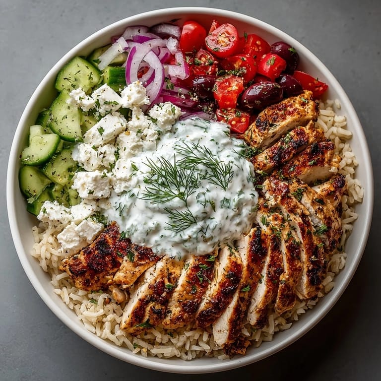 A close-up view of refreshing Greek Chicken Bowls, showcasing juicy chicken and colorful vegetables, ready to eat.