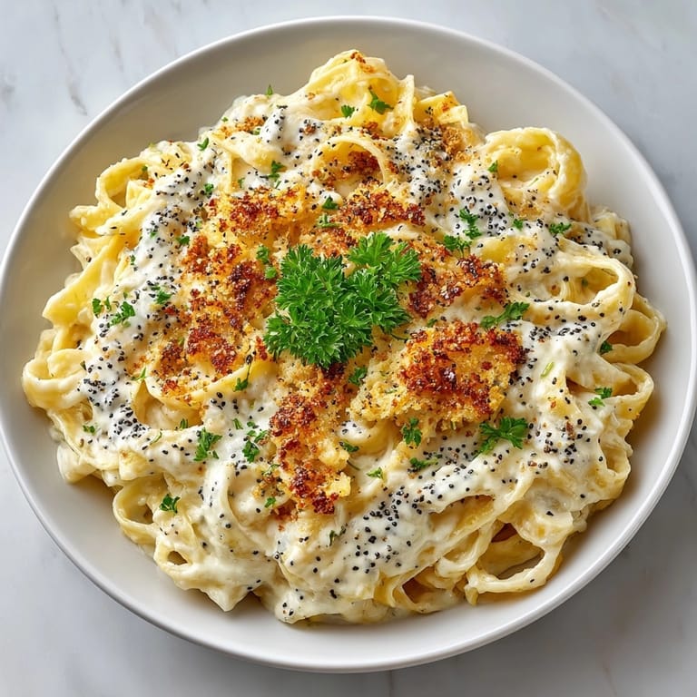 Silky cauliflower Alfredo pasta, warmly lit, inviting you to savor a comforting vegetarian meal today.