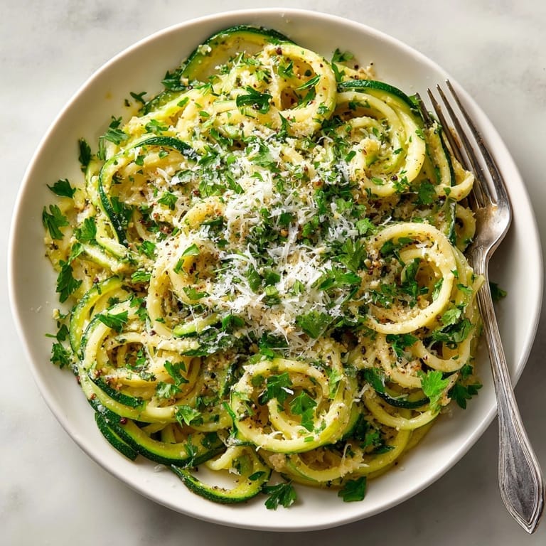 A vibrant bowl of Garlic Parmesan Zucchini Noodle Alfredo with silky sauce and grated Parmesan.