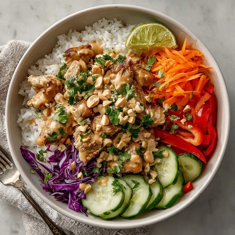 Hearty Thai Peanut Chicken Bowls featuring juicy chicken, crisp vegetables, and aromatic rice, served warm.