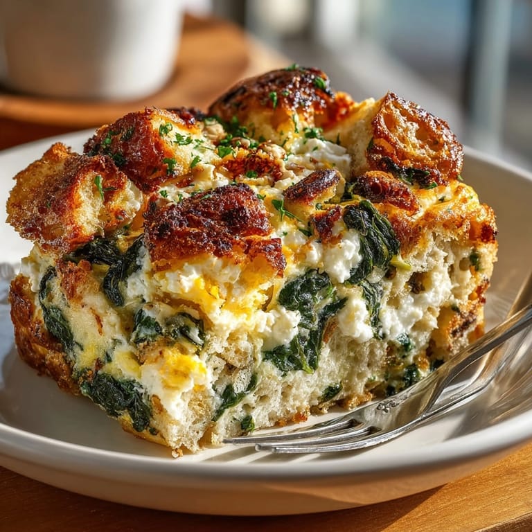 Hearty Breakfast Casserole with Spinach and Feta served in slices, showcasing creamy texture.