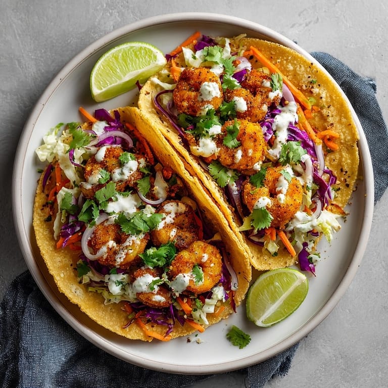 Juicy Cajun Shrimp Tacos nestled in soft tortillas, topped with colorful slaw and zesty drizzle