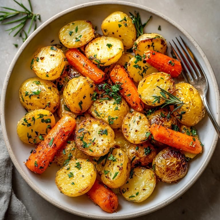 Close-up of roasted potatoes and carrots on a baking sheet, glistening with olive oil and spices