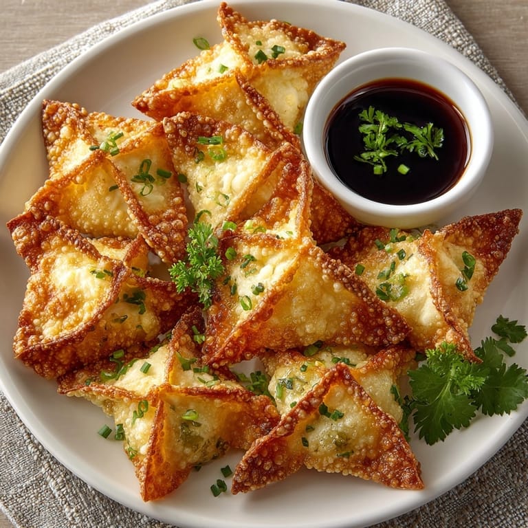 Homemade Crab Rangoon piled high, cheese and crab mixture peeking through crunchy shells.