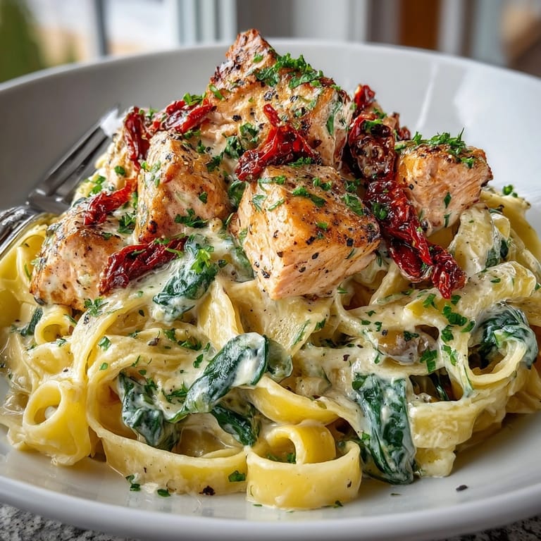Close-up of fettuccine tossed with creamy Tuscan salmon, sun-dried tomatoes, and wilted spinach.