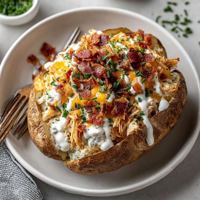 Freshly baked russet potatoes stuffed with creamy crack chicken, golden cheddar, and savory bacon.