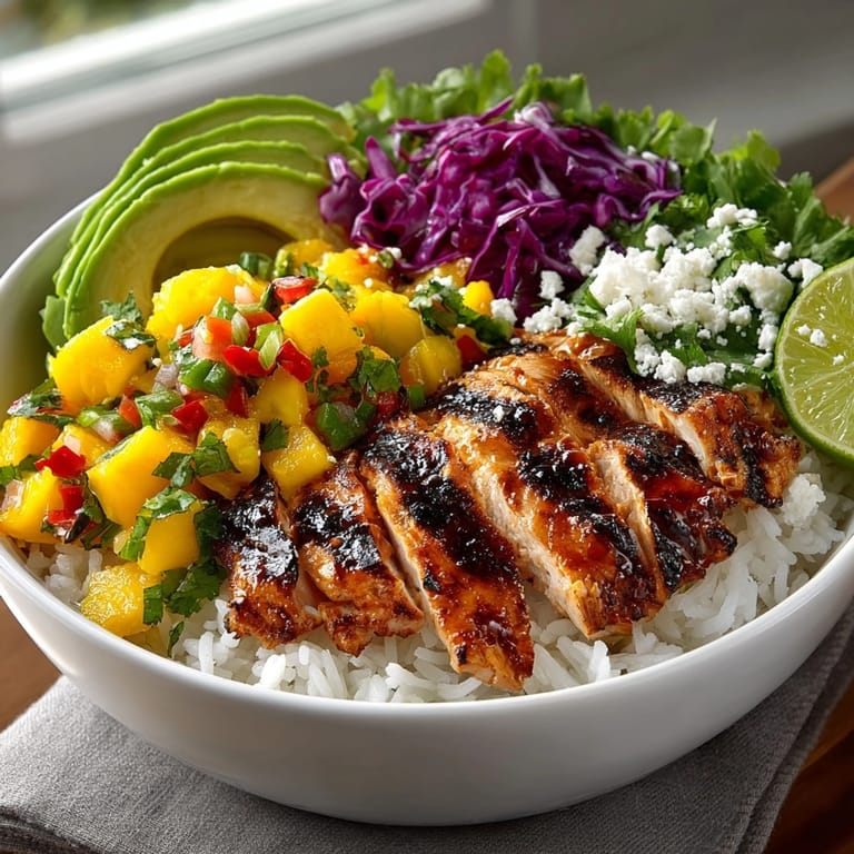 Colorful Mango Jalape&ntilde;o Chicken Bowl featuring tender chicken, creamy avocado, a spicy kick.
