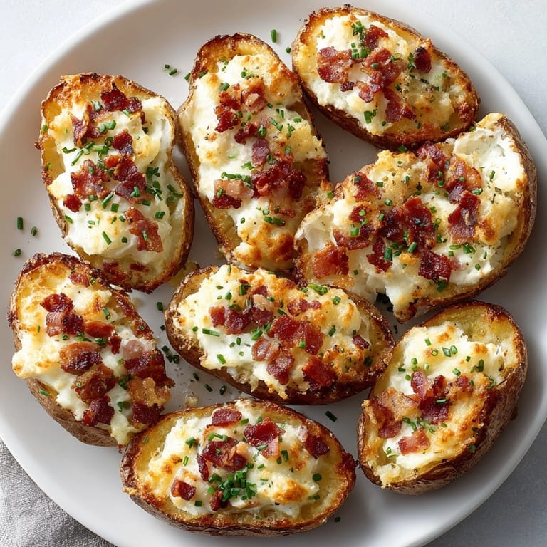 Homemade Alfredo Bacon Potato Skins: smoky bacon, rich Alfredo, crisp potato—a comforting, loaded bite.