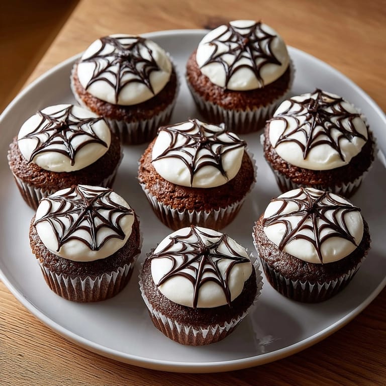Close-up of spider web cupcakes, offering a detailed view of the edible Halloween treat.