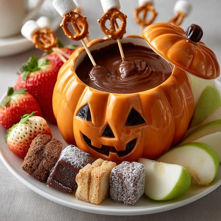 Scooping gooey chocolate fondue from inside a festive jack-o'-lantern with fruit.